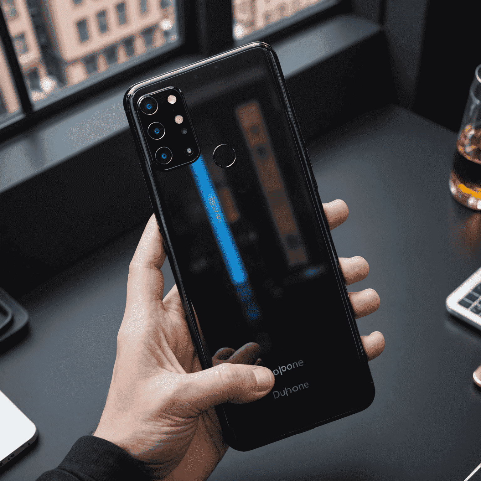 DuPhone X20 Pro smartphone with a sleek black design, featuring a triple camera setup and a large edge-to-edge display