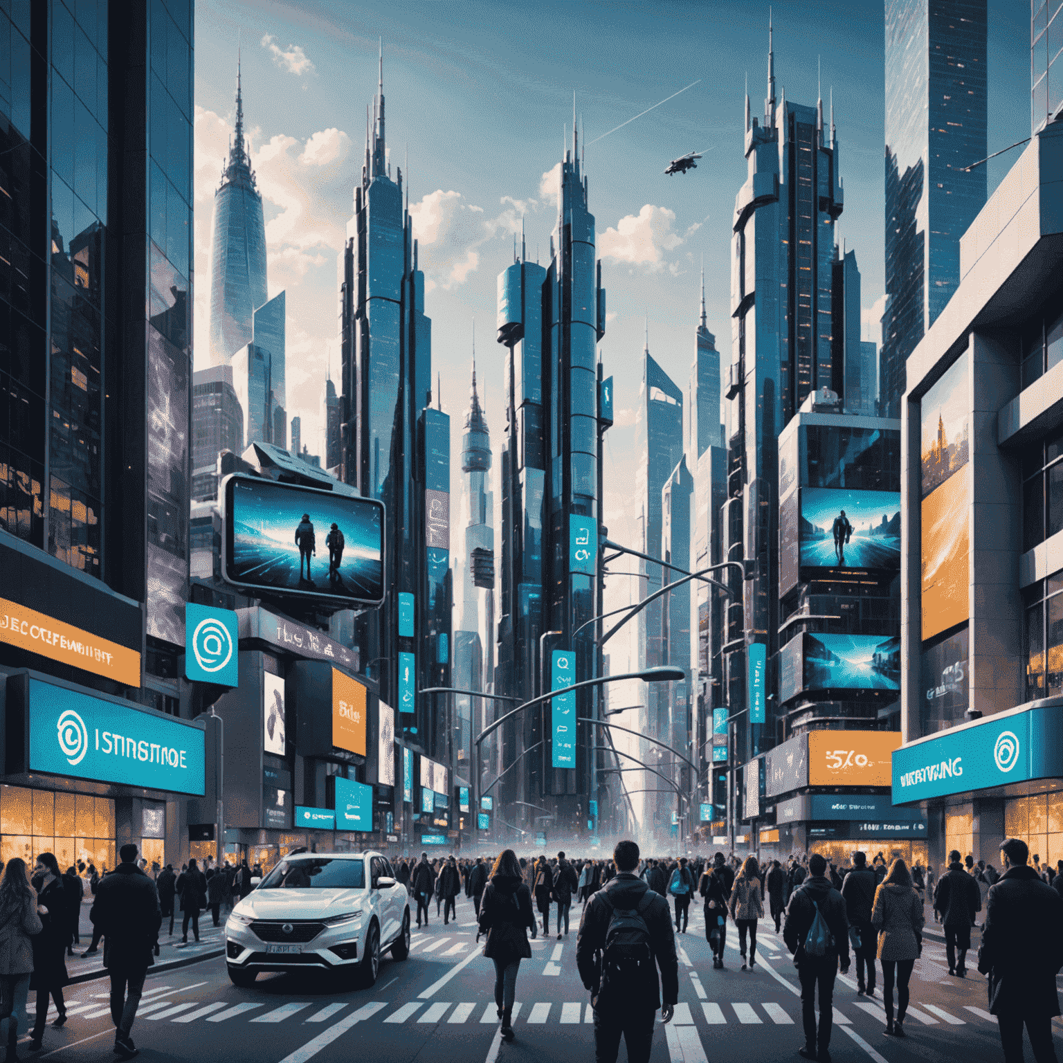 A futuristic cityscape with 5G towers and people using advanced mobile devices, showcasing the interconnected world of high-speed mobile networks