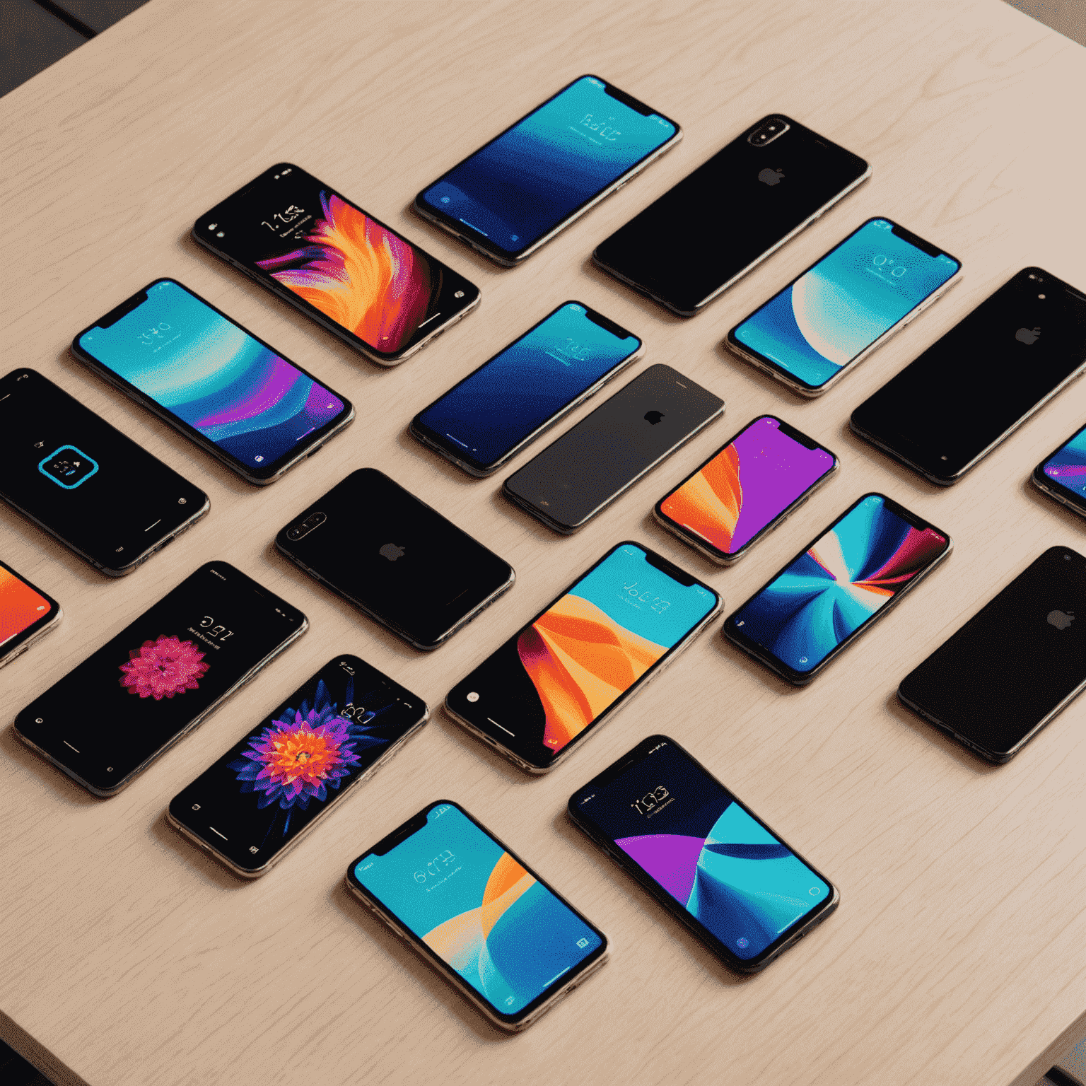 A collection of the latest smartphone models displayed on a sleek, modern table. The phones are arranged neatly, showcasing their slim designs and vibrant screens.