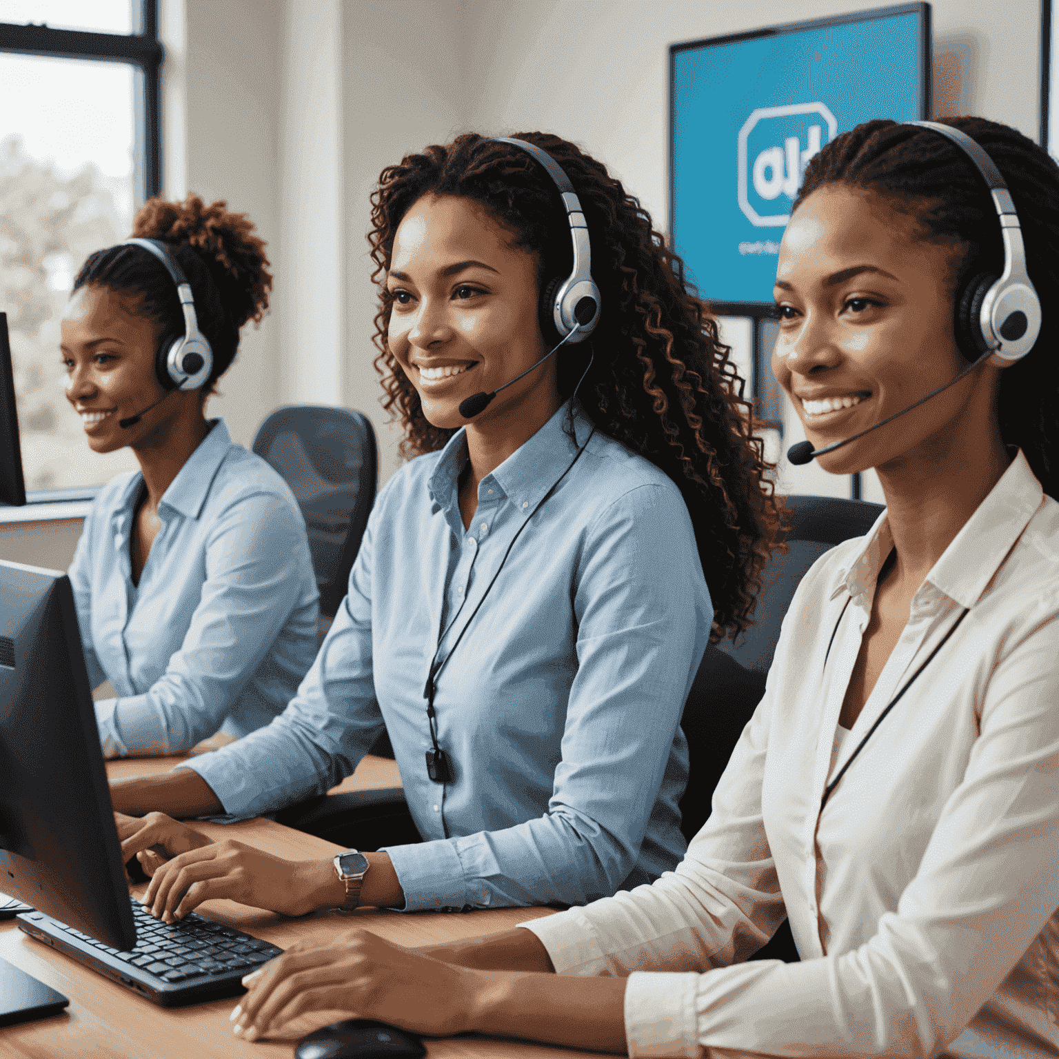 Customer support team members smiling and ready to assist, wearing headsets and sitting at desks with computer screens showing Du service information and recharge options