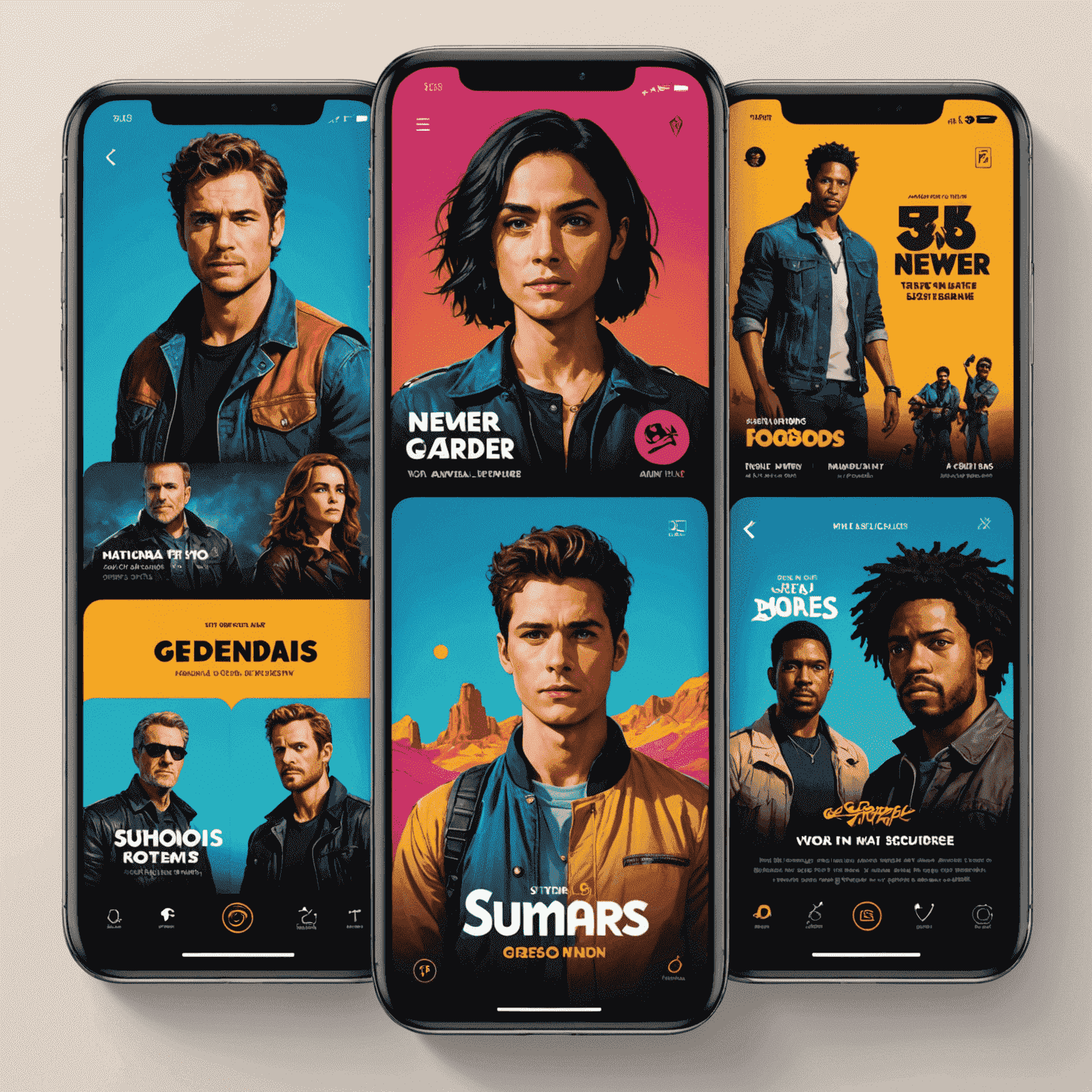 A vibrant entertainment app showcasing movie posters, music albums, and game characters