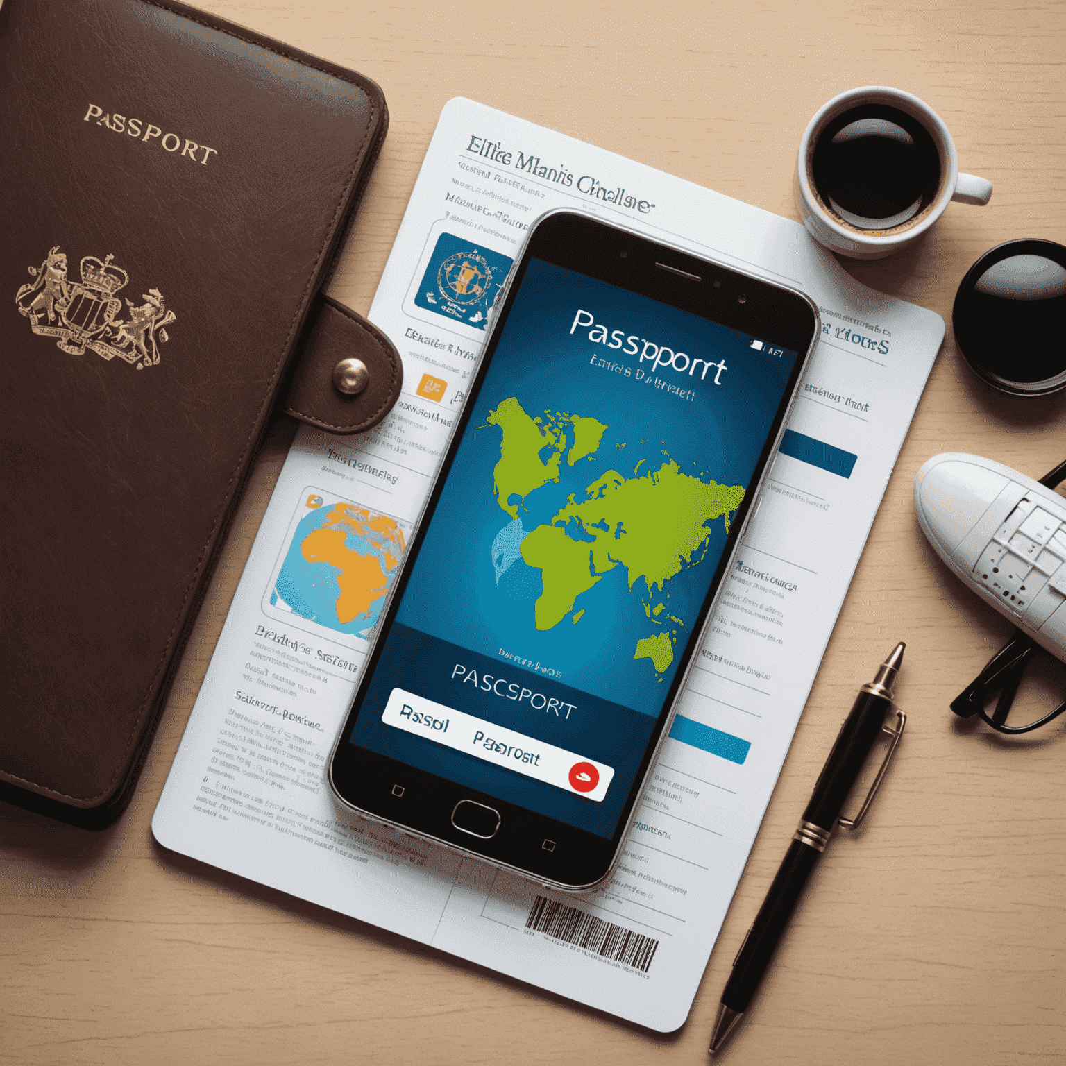 Illustration of a smartphone with travel apps and a passport