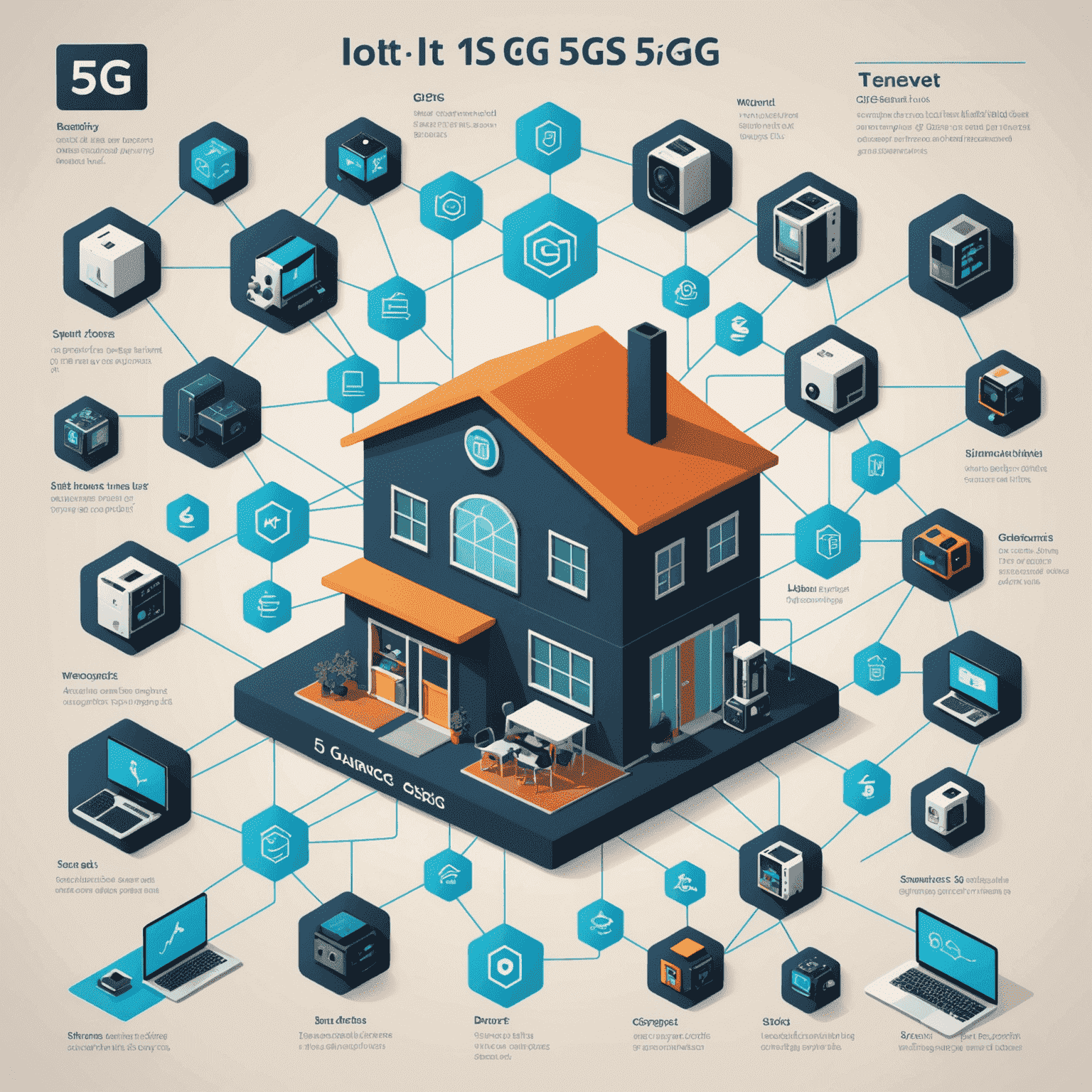 An infographic showing various IoT devices connected through 5G, including smart home appliances, industrial sensors, and wearable tech