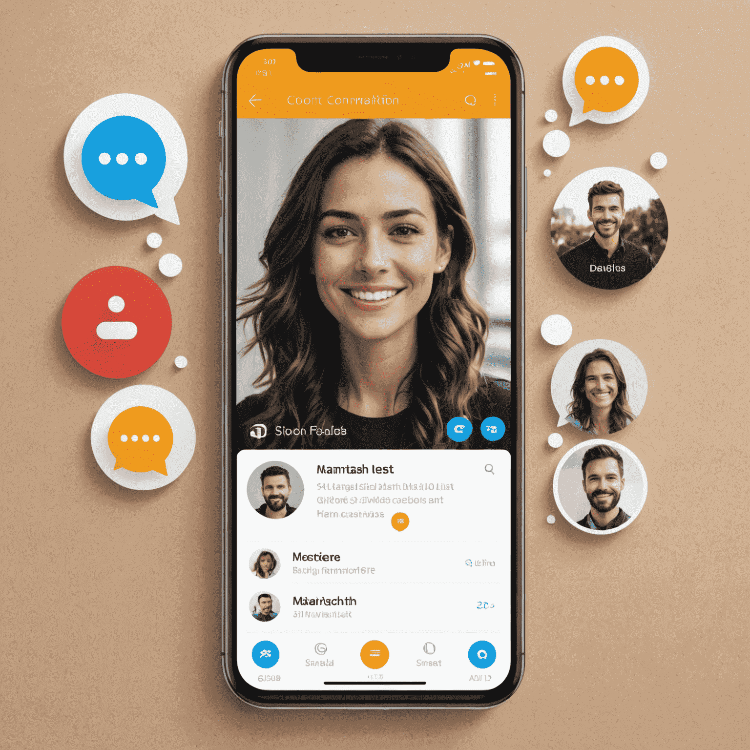 A modern communication app interface showing chat bubbles, video call screen, and contact list