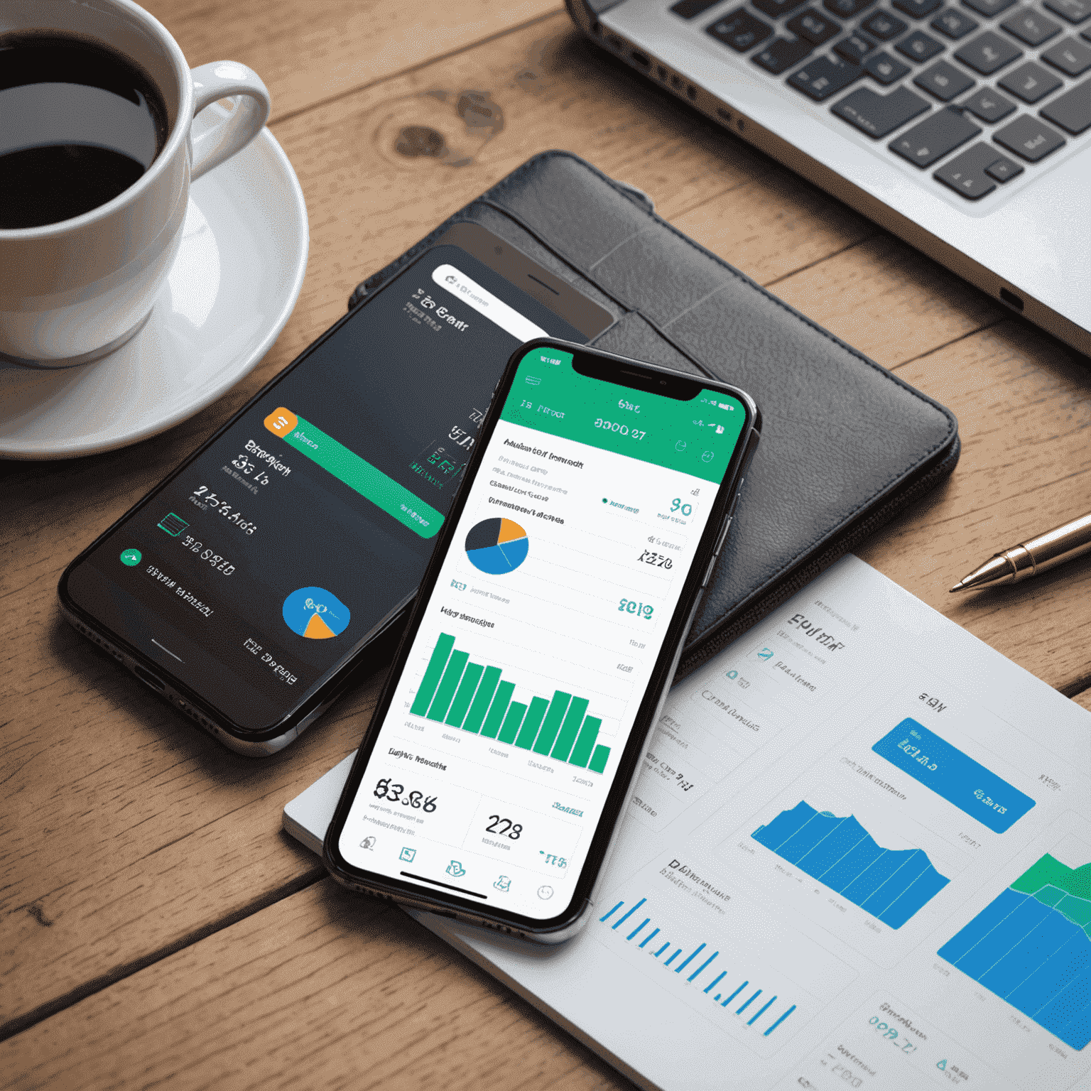 A finance app interface showing graphs, charts, and a digital wallet