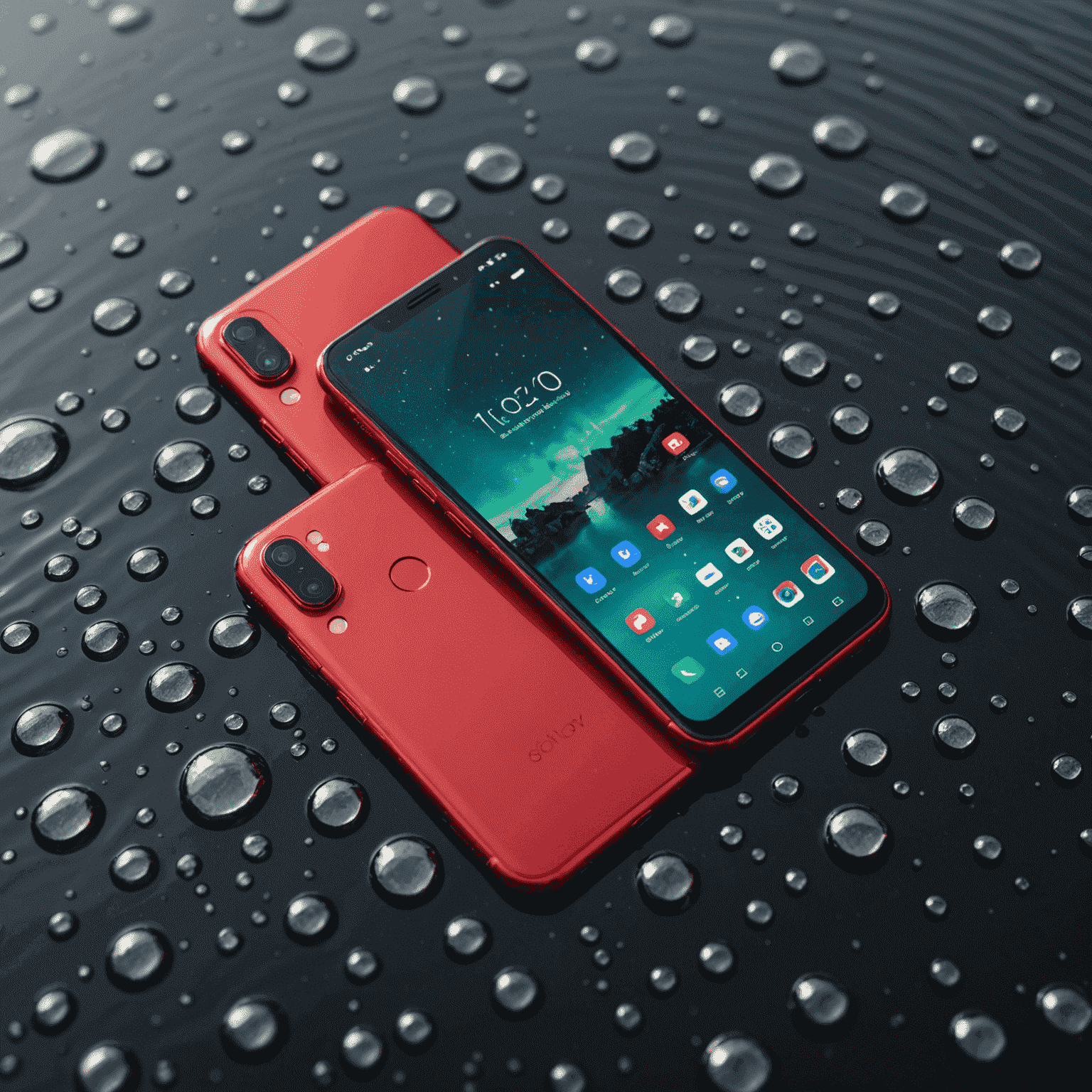 A compact, red smartphone with a single rear camera and a water-resistant design, shown next to water droplets to emphasize its durability.