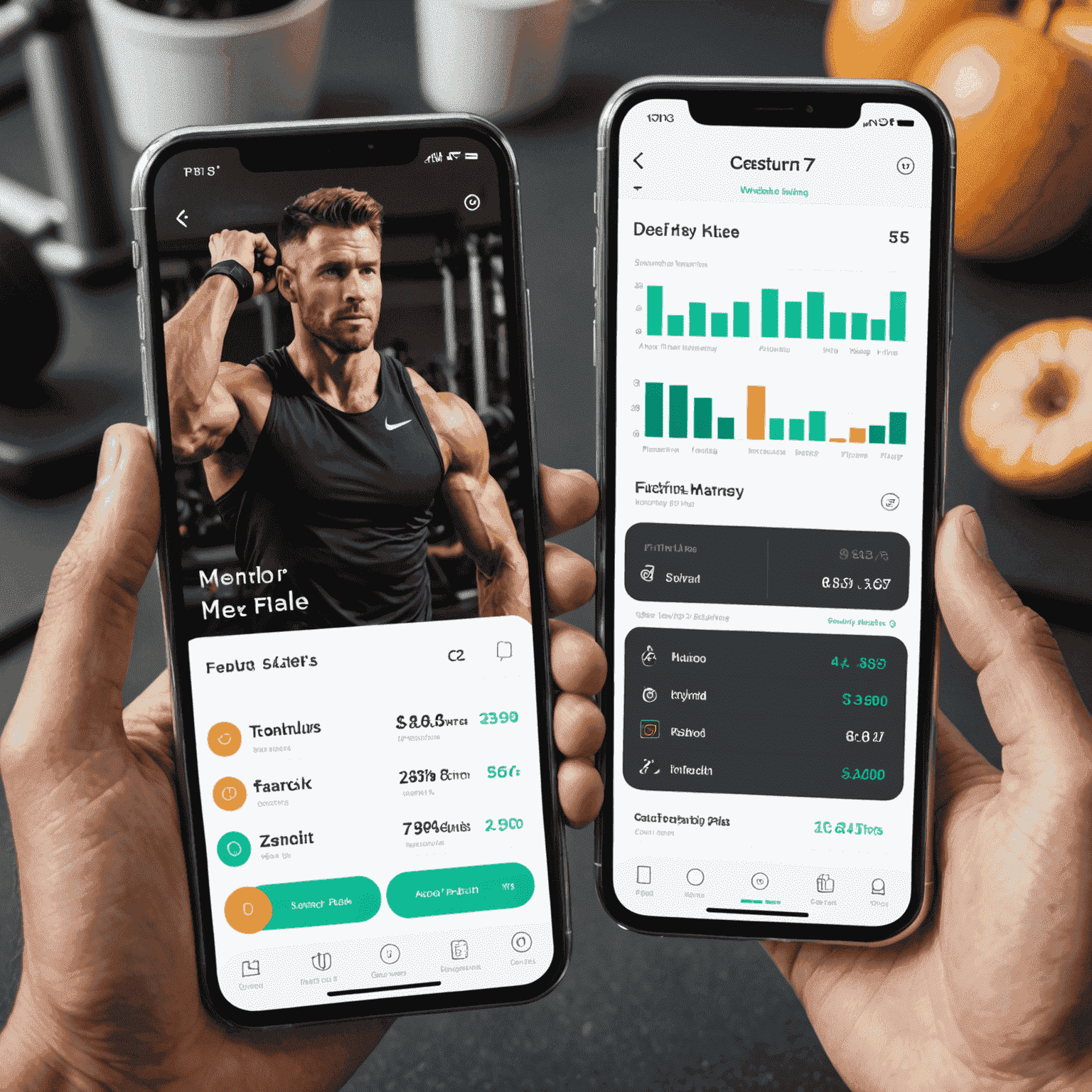 A fitness app showing workout routines, nutrition plans, and progress tracking